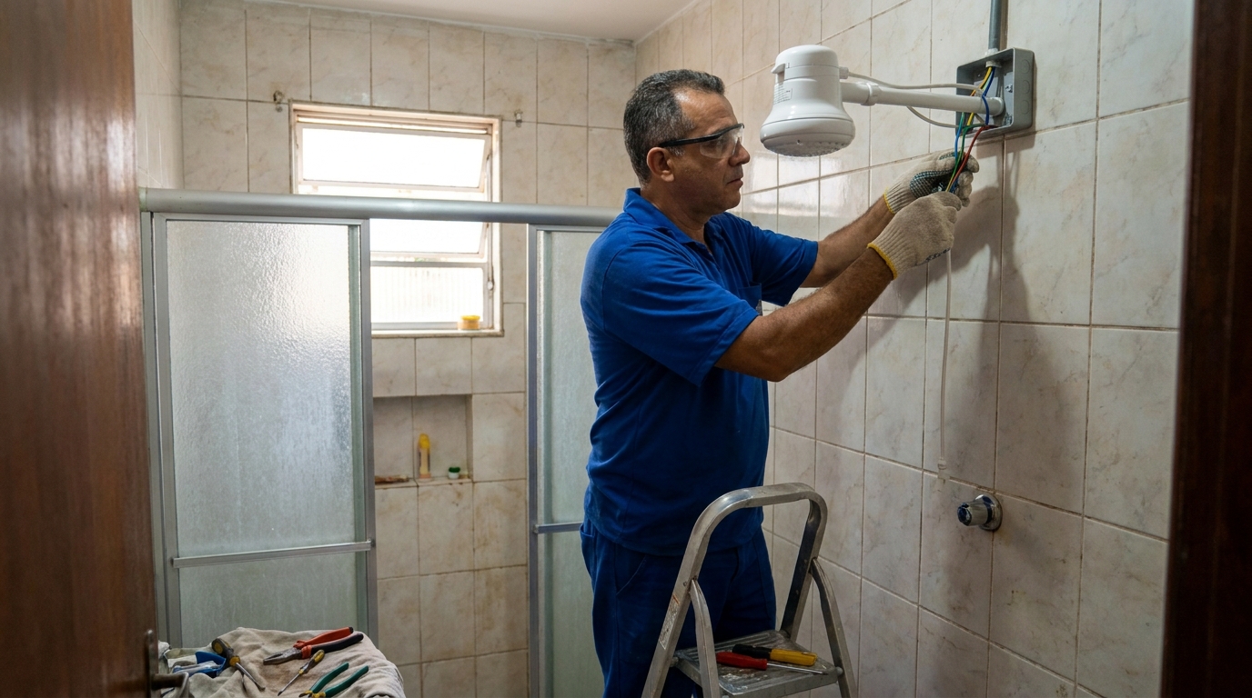 Eletricista instalando chuveiro eletrico em Divinópolis‑MG